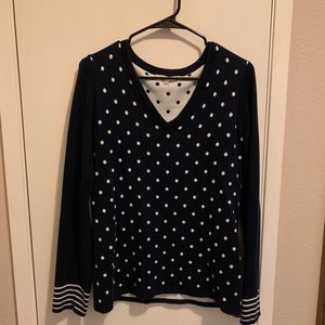 Navy blue sweater with white polka dots